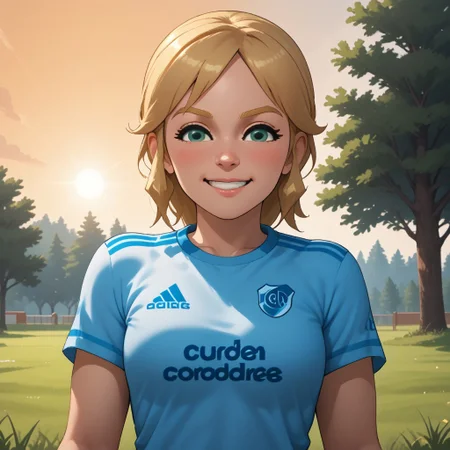 score_9, score_8, BREAK, solo, wii, mii, wii sports, 1girl, female mii, green eyes, blonde hair, blonde eyebrows, blush, RiverPlate, striped shirt, striped, shirt, white shirt, short sleeves, clothes writing, sportswear, soccer uniform, white pants, shoes, nintendo mii, modern_mii, classic_mii, breasts, olga_(wii_sports), cute, sexy pose, self portrait, smile, outdoors, sunlight, shadows, evening lighting, natural lighting, forest, trees, grass, orange sky, sunset