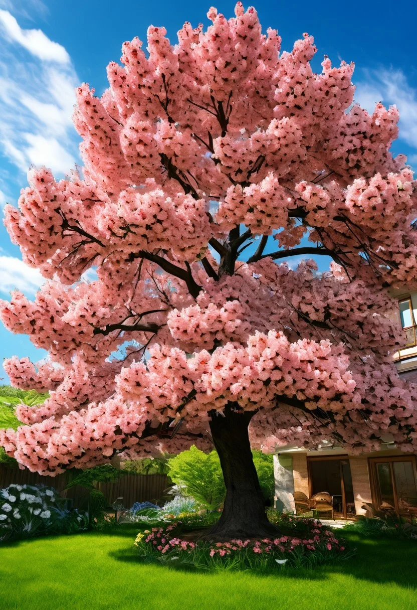 real, realistic cherry tree, with many cherry, in an house garden, massive, realistic sky,
