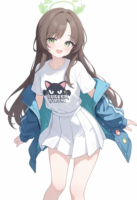 ,1girl, solo, long hair, looking at viewer, blush, smile, open mouth, simple background, shirt, skirt, brown hair, long sleeves, white background, green eyes, jacket, white shirt, short sleeves, pleated skirt, open clothes, halo, feet out of frame, white skirt, blue jacket, print shirt, green halo,<lora:TestTestTest!\trained-000150.safetensors:0.95:1>,,embedding:lazypos, masterpiece,best quality,newest,absurdres,highres,very awa,detail background <lora:None:0.30000000000000004>
