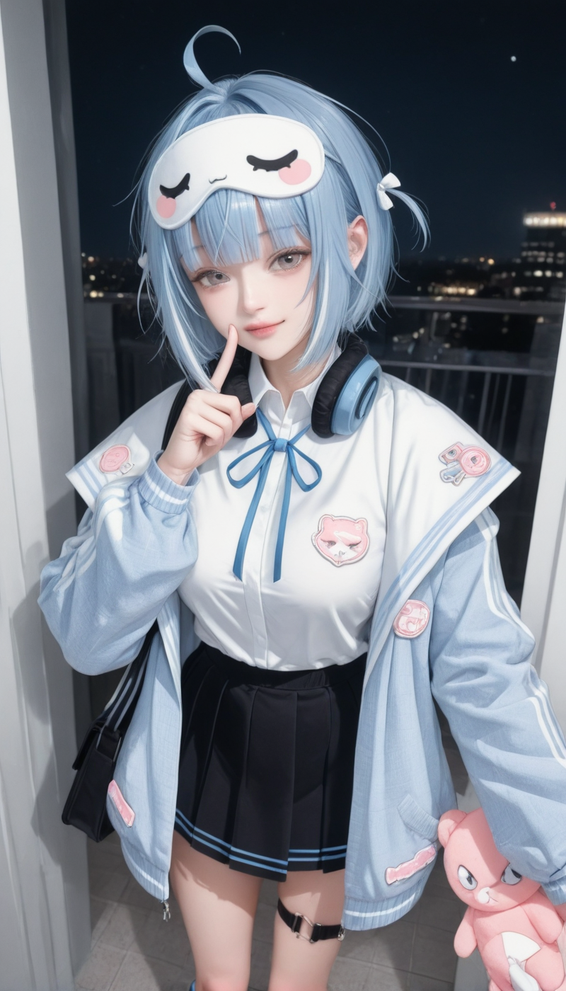 <lora:LCMTurboMix_Euler_A_fix:1> <lora:example_SDXL:0.3>, EZRealPONYXL, <lora:Dramatic Lighting Slider:3> <lora:realistic filter [IL]:1>
DSLR,realistic,cosplay photo, (very awa,masterpiece,best quality,year 2024,newest,absurdres,highres:1), realistic,skin texture,facial features, photography shot with Canon EOS 5D Mark IV , realistic, RAW, best quality, masterpiece, amazing quality, skin details,
1girl, highly detailed beautiful face, large natural breasts,
detailed background, shiny skin, dutch angle, night, moonlight,
beautiful detailed eyes, intricate details, absurdres, anime screencap,
<lora:Yanagi_Nemu_VTuber_ILXL_kill0825:1>
VTNemu, short hair, blue eyes, grey eyes, hair between eyes, blue hair, jacket, ahoge, sidelocks, blunt bangs,
shirt, skirt, long sleeves, ribbon, jacket, white shirt, pleated skirt, open clothes, shoes, collared shirt, socks, puffy sleeves, belt, black skirt, miniskirt, off shoulder, bag, open jacket, sleeves past wrists, kneehighs, thigh strap, neck ribbon, mask, headphones, white jacket, white socks, white footwear, stuffed toy, blue jacket, stuffed animal, blue ribbon, sneakers, bandaid, asymmetrical legwear, shoulder bag, light blue hair,  mask on head, uneven legwear, mismatched legwear, headphones around neck, bandaid on leg, multicolored jacket, single sock, blue socks, bandaid on knee, eye mask, thigh belt, sleep mask, hair ornament, x hair ornament, holding stuffed toy,
dynamic pose, seductive smile, standing, looking at viewer, shushing, selfie,