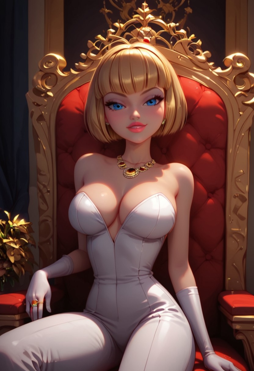 score_9, score_8_up, score_7_up, Expressiveh, an14,  Miraculous style, 2d, g0th1c, glowing, easynegative,  1girl, audreybourgeois, golden-blonde hair, sharp bob with bangs, short bangs, blue eyes, white strapless jumpsuit with a thick black stripe down the right side, white evening gloves, jumpsuit with a thick black stripe down the right side, ring, necklace, big breasts, slim waist, wide hips, sitting a golden throne, windows, sits, automobile, Seductive evil smile, Looking at view