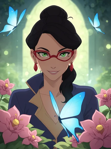 score_9, score_8_up, score_7_up, score_6_up, BREAK, V1ck1V4l3, 1girl, solo, black hair, green eyes, earrings, single hair bun, red-framed eyewear, Masterpiece, best quality, ultra-detailed, beautiful flowers 1.3, glowing lights 1.2, soft lighting, bokeh effect, ethereal atmosphere, warm and cool light contrast, vibrant colors, fantasy garden, butterflies, fireflies, misty background, smile, looking at viewer <lora:Vicki_Vale:0.8>