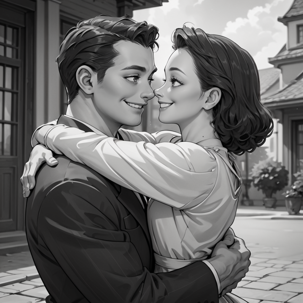 score_9, score_8_up, score_7_up, score_6_up, source_anime, portrait, hud_40s_lv, monochrome, greyscale, 1girl, 1boy, suit, dress, hug, looking at another, smile, film grain, cinematic, <lora:40sromance-000007:0.8>, outdoors