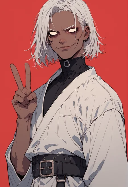 (score_9, score_8_up), score_7_up, zPDXL, 1boy, white hair, medium hair, spiky hair, (no pupils), dark-skinned male, dark skin, smirk, white kimono, black belt, cowboy shot, red background, v, peace sign, closed mouth <lora:Sinozick_Style_XL_Pony:1>, sinozick style, flat color