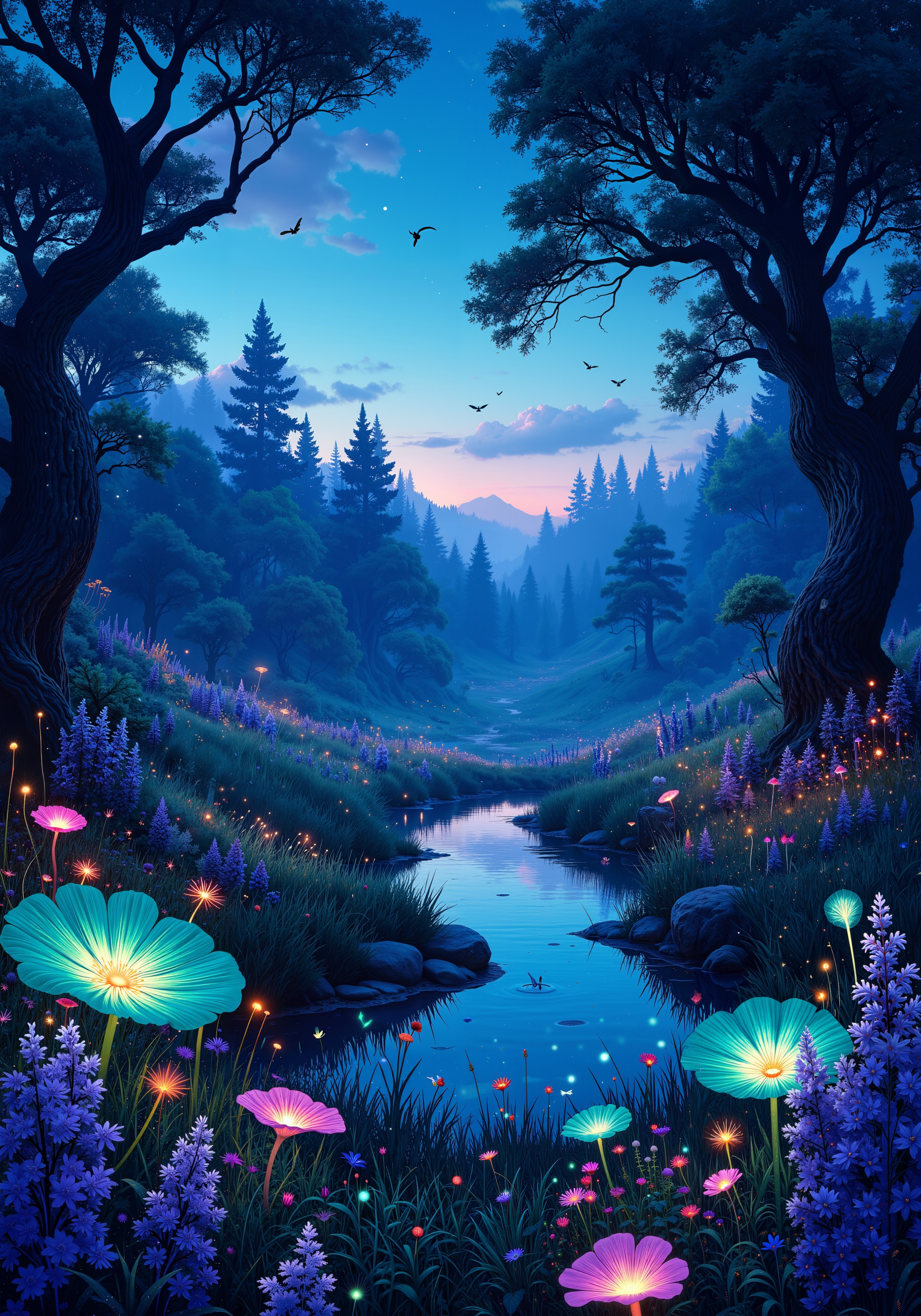 Enchanting meadow at twilight, bathed in ethereal bioluminescent glow. Delicate fireflies dance among vibrant wildflowers, their soft light mingling with the otherworldly blue-green radiance emanating from exotic flora. Tall grass sways gently, shimmering with an iridescent sheen. Misty tendrils curl around ancient, gnarled trees at the meadow's edge, their bark glowing with an inner light. A serene pond reflects the surreal scene, its surface rippling with gentle luminescence. Alien-like mushrooms dot the landscape, pulsing with gentle, mesmerizing patterns. The sky above transitions from deep indigo to a soft lavender, studded with early stars. Creatures with gossamer wings flit between blooms, leaving trails of sparkling dust. Hyper-detailed, dreamlike quality, 8K resolution, masterpiece, intricate details, surreal beauty. <lora:Hand v2:0.7> <lora:Comic book V2:0.3> <lora:Kodak Motion Picture Film style v1:0.1> <lora:New_Fantasy_CoreV4_FLUX:0.2> <lora:flux_dev:1>