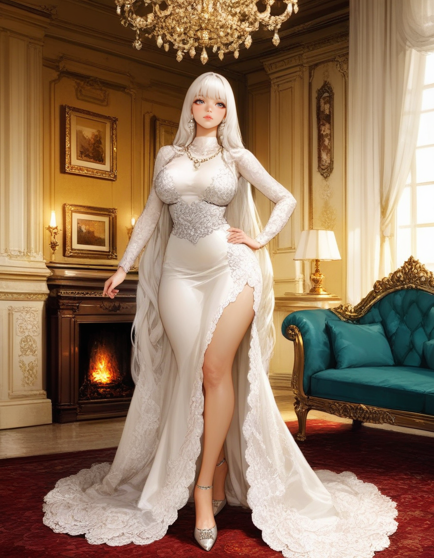 Masterpiece,best quality,sophisticated,hualidefengge,1girl,large breasts,thick thighs,armor,
elegant makeup,cat-eye liner,rosy lips,
long straight platinum hair,soft curls,side-parted,
flowing white dress,lace detailing,pastel floral pattern,
silver high heels,pearl accessories,delicate necklace,
standing by a grand fireplace,one hand on hip,head slightly tilted,
luxurious living room,plush carpet,antique chandelier,
velvet sofa,mahogany coffee table,ornate mirrors,
gilded frames,Baroque-style paintings,warm fire glow,
large bay window,sheer white curtains,garden view,
high-definition,ultra-realistic,
<lora: ton ton Illustrious-XL:0.8>,