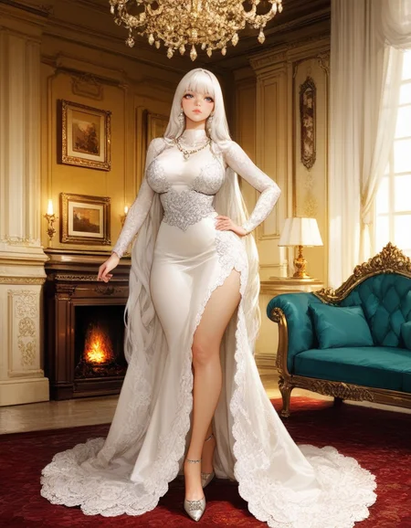 Masterpiece,best quality,sophisticated,hualidefengge,1girl,large breasts,thick thighs,armor,
elegant makeup,cat-eye liner,rosy lips,
long straight platinum hair,soft curls,side-parted,
flowing white dress,lace detailing,pastel floral pattern,
silver high heels,pearl accessories,delicate necklace,
standing by a grand fireplace,one hand on hip,head slightly tilted,
luxurious living room,plush carpet,antique chandelier,
velvet sofa,mahogany coffee table,ornate mirrors,
gilded frames,Baroque-style paintings,warm fire glow,
large bay window,sheer white curtains,garden view,
high-definition,ultra-realistic,
<lora: ton ton Illustrious-XL:0.8>,