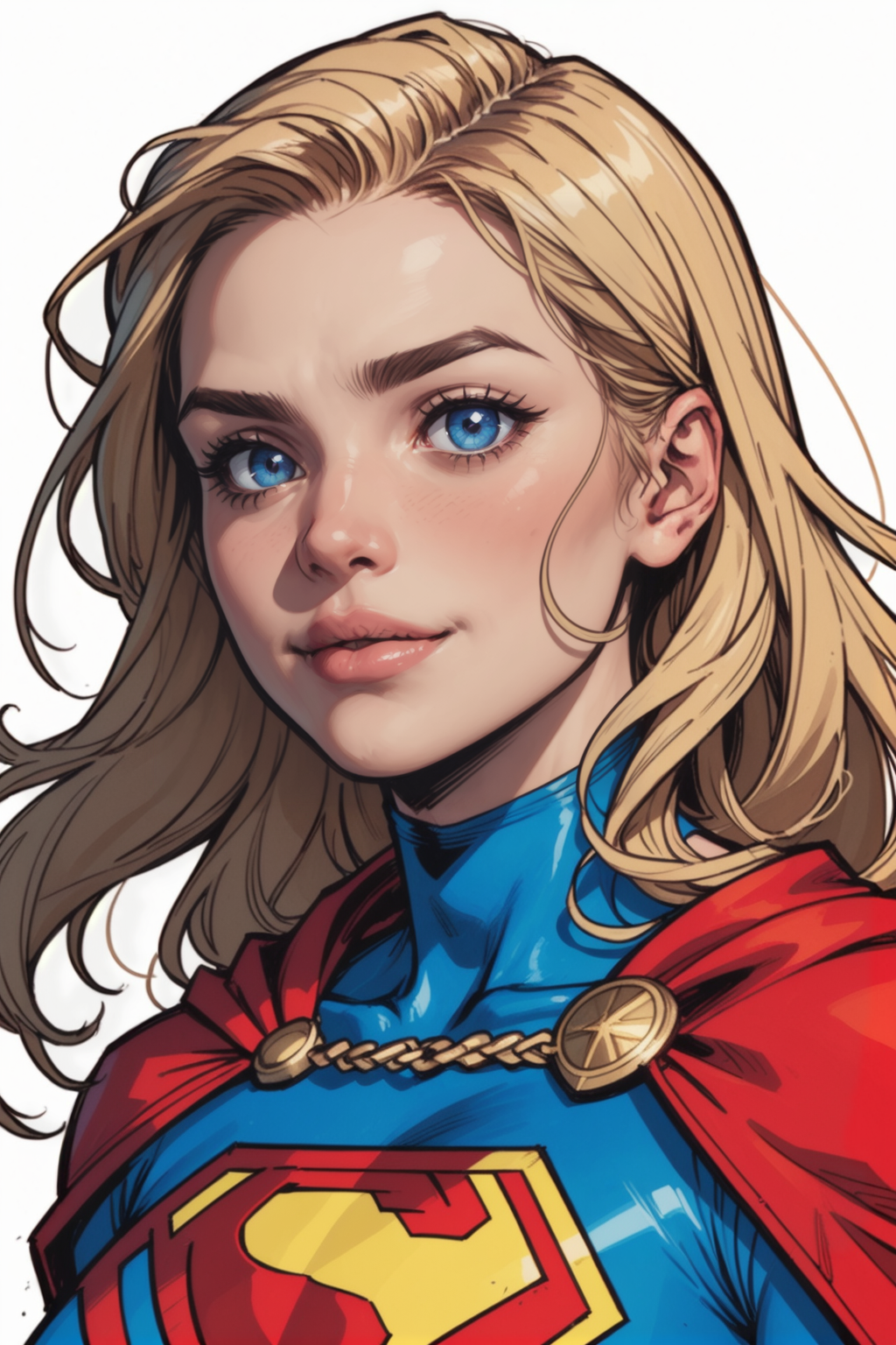 1girl, solo, blonde hair, blue eyes, cape, breasts, smile, looking at viewer, long hair, collarbone, superhero, red cape, white background, simple background, upper body, small breasts, bodysuit, blush, long sleeves, lips, medium breasts, closed mouth, grey background, open mouth
supergirl, S symbol, <lora:Expressive_H:0.5>, score_9, score_8_up, score_8_up, a_Comic_Illustration, rough lines with ink, (drawn:1.1), (sketch:1.5), (crosshatching:1.25), (comic style:1.1), graphic novel style, sharp lines, hires, zstyle, (western comics \(style\):1.1), (hatching \(texture\):1.2), zPDXL, Mr_Monster_Possitive, beautiful detailed eyes, extreme details eyes,  perfect anatomy,, 1girl, thighs, cowboy shot