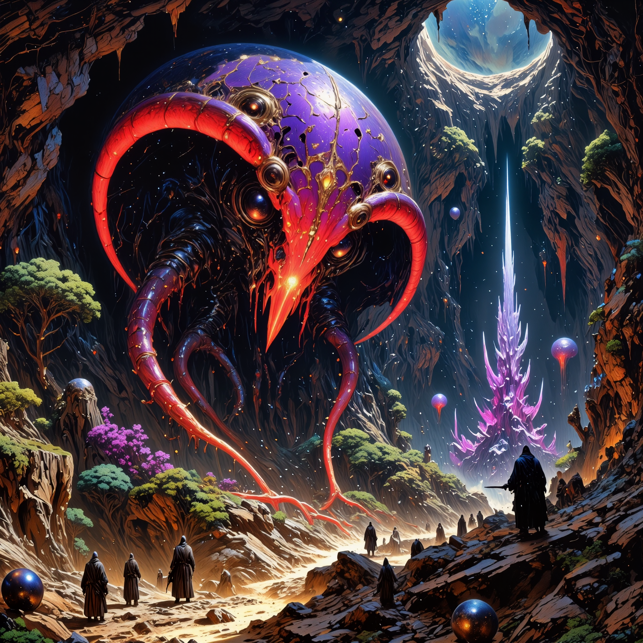 otherworldly scenery on a distant planet, very aesthetic, extremely detailed, masterwork, golden ratio, famous artwork in the style of carl spitzweg and thomas baxa, dark fantasy style, the mischievous "flamboyant diefenzorbler", a fantastical alien zibberzoom with its bioluminescent scaly hide is well adapted to hunt its prey, the "thoughtful warpzofti" in the shimmering crystalline forests of the blorbshmeckeling vast underground caves on planet "xynort quartus", a creature with symmetrical anatomy, royal purple and taupe and obsidian black and lime green and indigo blue and crimson, perfect proportions, detailed expressive eyes, dappled lighting, <lora:style-carl_spitzweg-flux-by_tangbohu:0.2> <lora:style-yoshitaka_amano-elden_ring-flux-by_alicient:0.36> <lora:style-fantastic_landscapes-flux-by_artifyai:0.36> <lora:epic_gorgeous_details-balance-flux-by_flyway:0.48> <lora:image_enhancer-flux-by_dever:0.6>