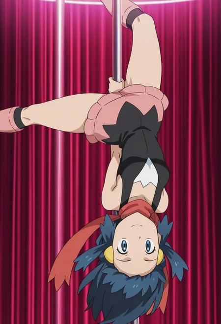 Pole_Dancing_Upside_Down,dawn(pokemon),blue eyes,blue hair,anime screencap,masterpiece,amazing quality,best quality