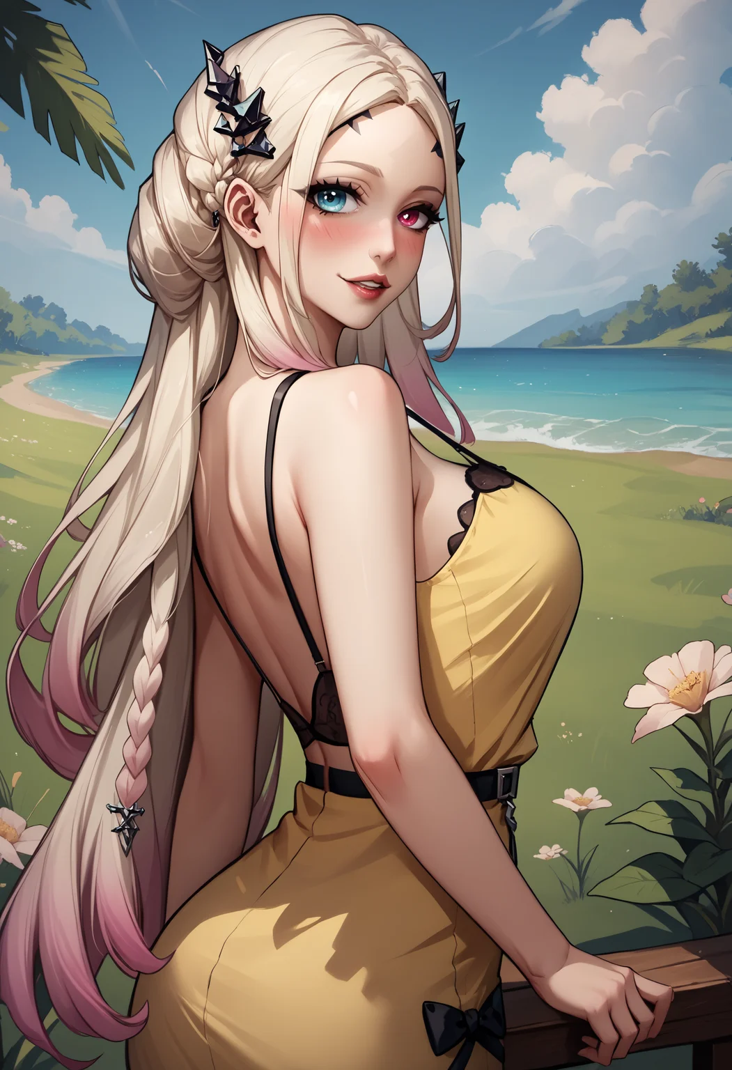 score_9,score_8_up,score_7_up, <lora:eireneptn-ponyxl-beta4-alt-12:1>, EirenePTN, heterochromia, platinum blonde hair, very long hair, braided bun, gradient hair, black hair ornament, forehead mark, makeup, mature female, nose, lips, looking at viewer, looking back, three-quarter portrait, yellow sundress, bare shoulders, field, light smile, parted lips, blush,cowboy shot, spaghetti strap,