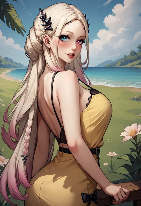 score_9,score_8_up,score_7_up, <lora:eireneptn-ponyxl-beta4-alt-12:1>, EirenePTN, heterochromia, platinum blonde hair, very long hair, braided bun, gradient hair, black hair ornament, forehead mark, makeup, mature female, nose, lips, looking at viewer, looking back, three-quarter portrait, yellow sundress, bare shoulders, field, light smile, parted lips, blush,cowboy shot, spaghetti strap,