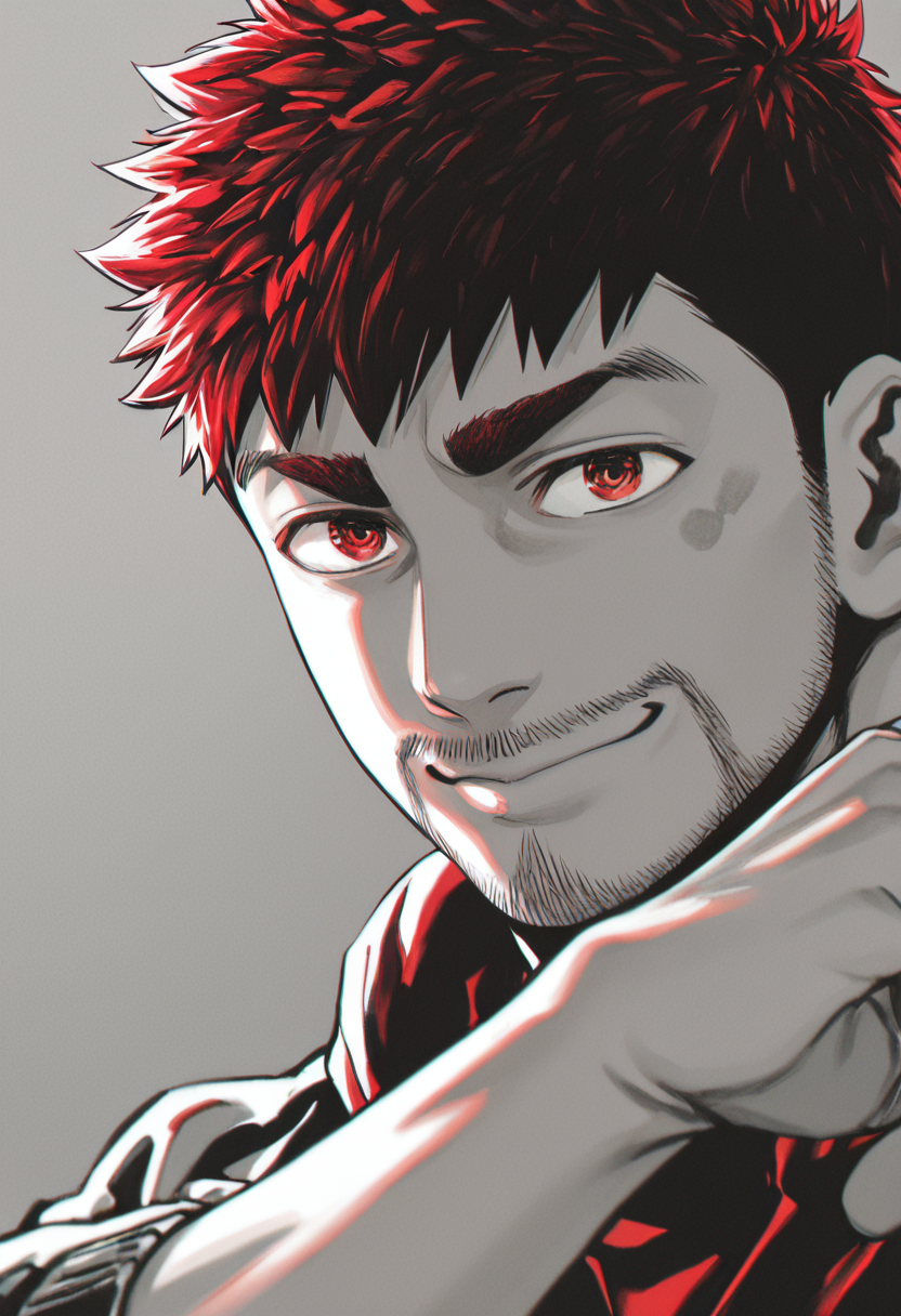 embedding:SmoothNoob_Quality, masterpiece, best quality, very aesthetic, anime screenshot,  1boy, knkr4_g3n, black_g3n_hair, green_g3n_eyes, male focus, solo, g3n_mark, (alt), anime coloring, mature male, close-up, limited palette, looking at viewer, grey background, smile, red theme, high key, high contrast, shadow, dynamic pose, dynamic action, intricate lighting,