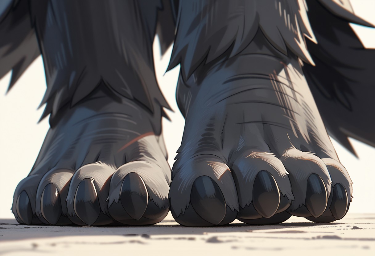 Score_7_up, score_8_up, score_9, pangoro, black and white fur, fur cape, lower body, dark feet, barefoot, 3 toes, toeclaws, standing, foot focus, close-up