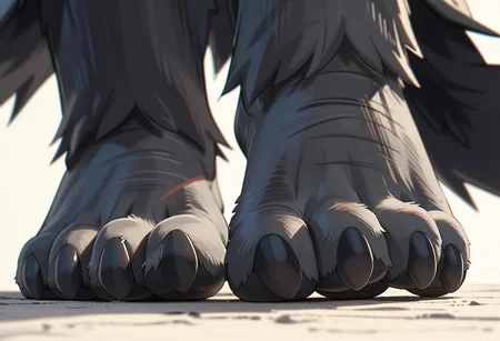 Score_7_up, score_8_up, score_9, pangoro, black and white fur, fur cape, lower body, dark feet, barefoot, 3 toes, toeclaws, standing, foot focus, close-up