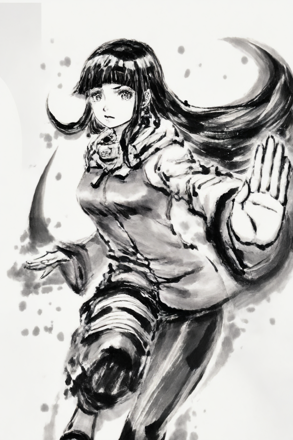 score_9,score_8_up,score_7_up,
<lora:InkStyle_Pony:1>,
ink wash painting,inkblot,1girl,solo,long hair,monochrome,floating hair,standing,