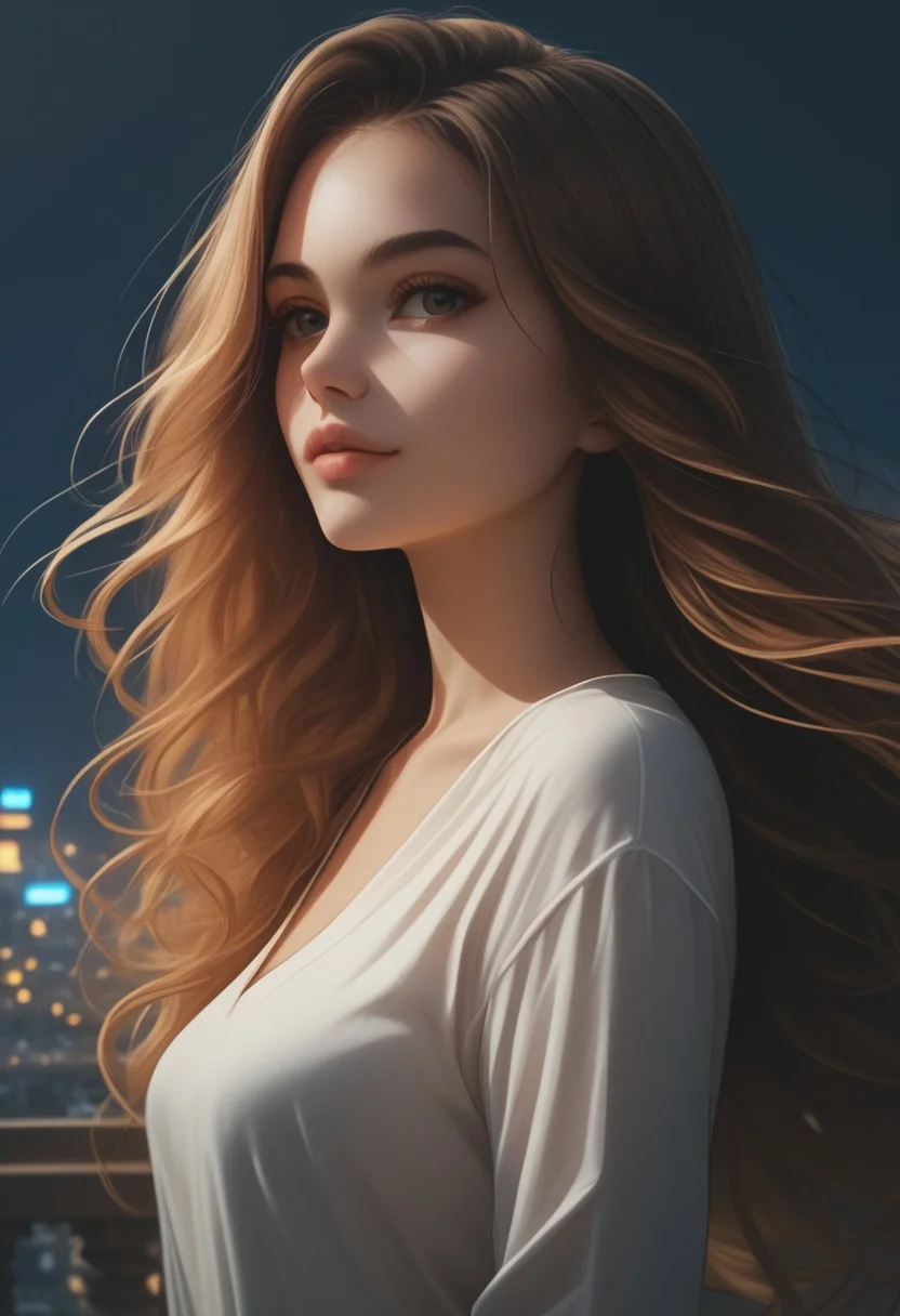 score_9, score_8_up, score_7_up, score_6_up, 1girl, solo, medium breasts, long hair, attractive, symmetrical face, soft structured facial features, night , (european:0.6), (brazilian:0.6), d3t41l3d, neodark, overlooking a city, flowing hair in the wind, from side