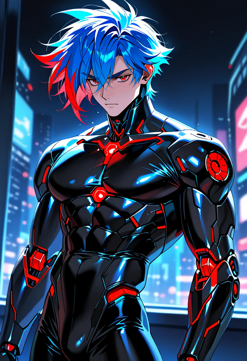 (masterpiece:1.35), (very aesthetic, best quality:1.3), 1boy, robot, solo, one robot boy, standing, handsome, muscular, cybernetic, mechanical parts, bara, black bodysuit, bright red and blue hair, dark theme, s1_dram, portrait, high resolution, s1_dram, Vintage, 1990s \(style\), red neon trim, cyberpunk city background, shallow depth of field, highly detailed, absurdres,