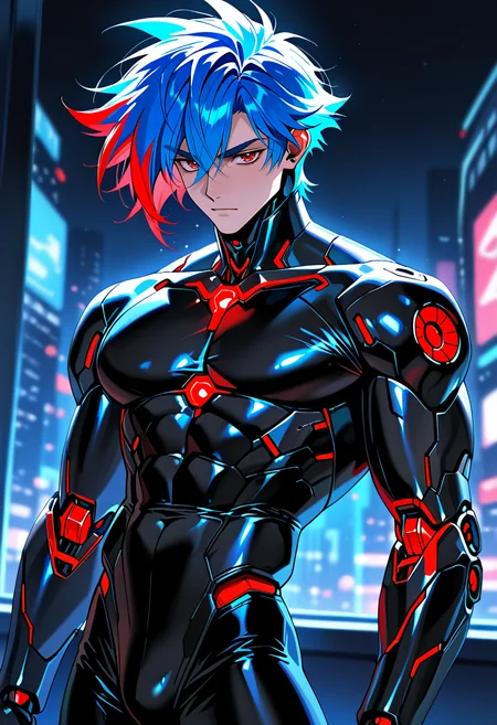 (masterpiece:1.35), (very aesthetic, best quality:1.3), 1boy, robot, solo, one robot boy, standing, handsome, muscular, cybernetic, mechanical parts, bara, black bodysuit, bright red and blue hair, dark theme, s1_dram, portrait, high resolution, s1_dram, Vintage, 1990s \(style\), red neon trim, cyberpunk city background, shallow depth of field, highly detailed, absurdres,
