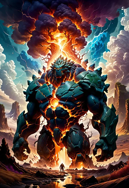An enormous Earth Elemental, its massive form towering over the landscape, dominates the scene. Its body is composed of swirling, molten rock and earth, constantly reshaping and reforming as it flows like liquid over the terrain. Powerful tendrils of earth and stone extend from its form, controlling the very substance of the world around it. The air crackles with energy as the Elemental unleashes devastating attacks, causing fractals of earth to explode and reshape in its wake. The chaos is both mesmerizing and terrifying, as the very fabric of the world seems to be in the process of unraveling beneath the Elemental's control. Its ethereal presence casts a surreal glow over the landscape, illuminating the fractured earth and molten rock with an otherworldly light. It is a sight that defies comprehension, a testament to the raw, unbridled power of nature and the Elemental's mastery over it.