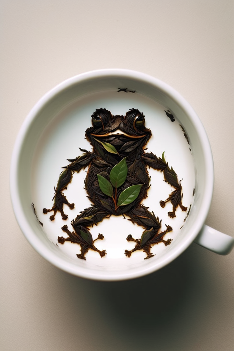 tea leaves forming the shape of an infamous meme frog man on the bottom of an empty tea cup <lora:Tea_Leaf_Reading_Style:1>