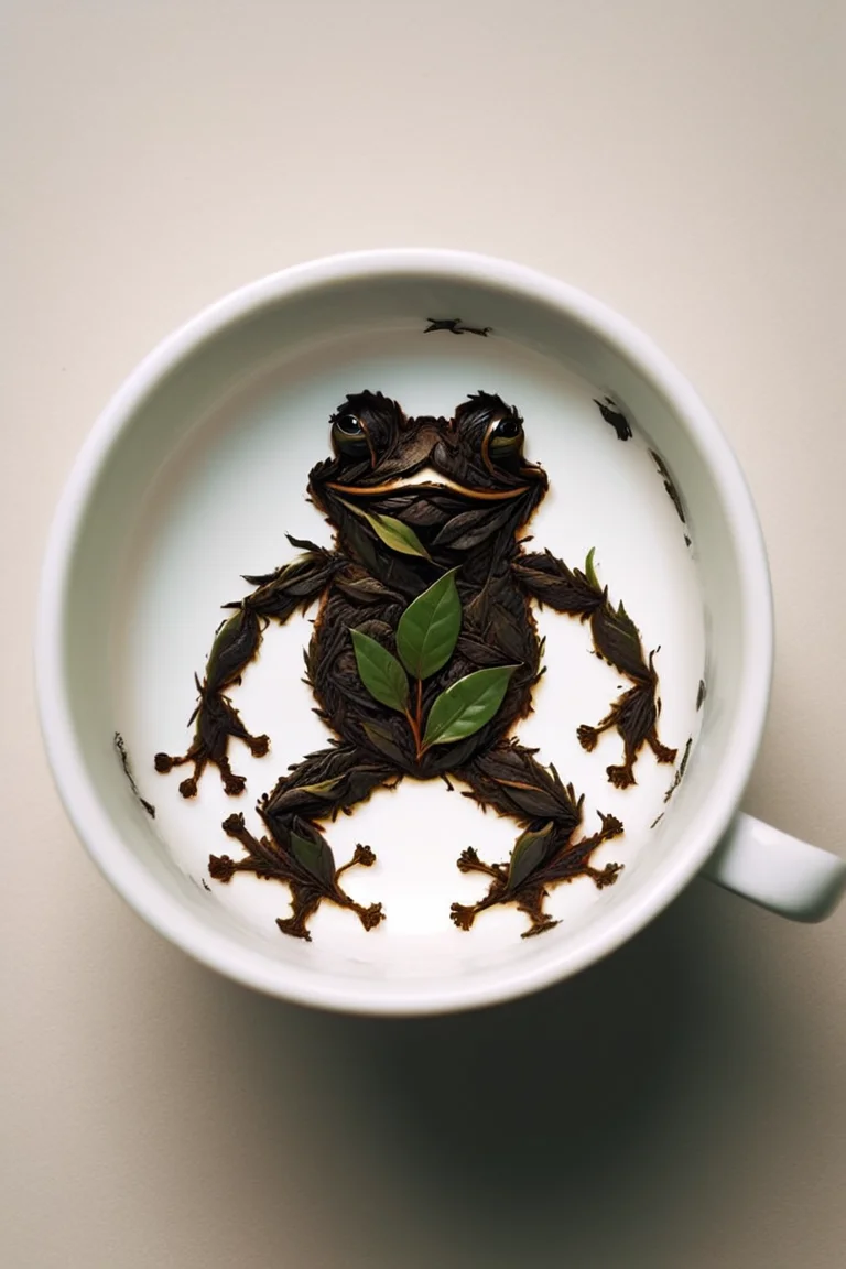 tea leaves forming the shape of an infamous meme frog man on the bottom of an empty tea cup <lora:Tea_Leaf_Reading_Style:1>