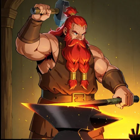 masterpiece, best quality, newest, absurdres, highres, anime, anime style, Smithing-IL.V1.1, hammer, holding, holding hammer, holding weapon, weapon, 1boy, dwarf, red hair, beard, long beard, SmithingV1, hammer, holding, holding hammer, holding weapon, weapon, anvil