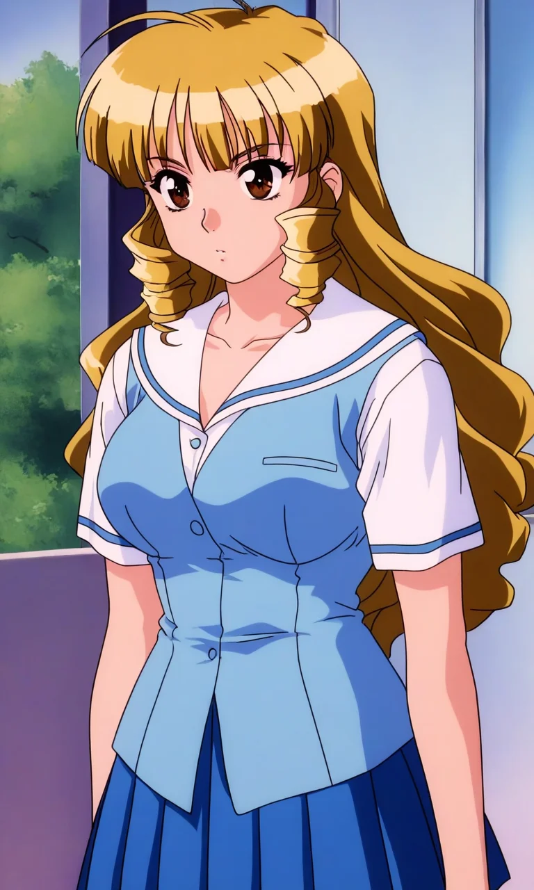 general,highres, ultra-detailed,very aesthetic,best quality ,best hands, BREAK <lora:Shimazu_Mio_YU-NO_OVA_IS:1>Shimazu_Mio(OVA), 1girl, solo, blonde hair, drill sidelocks, long hair, large breasts, brown eyes,
light blue school uniform, blue skirt, brown hair, pleated skirt, short sleeves, cowboy shot, standing, blue skirt, arms at sides, collarbone, light blue vest,