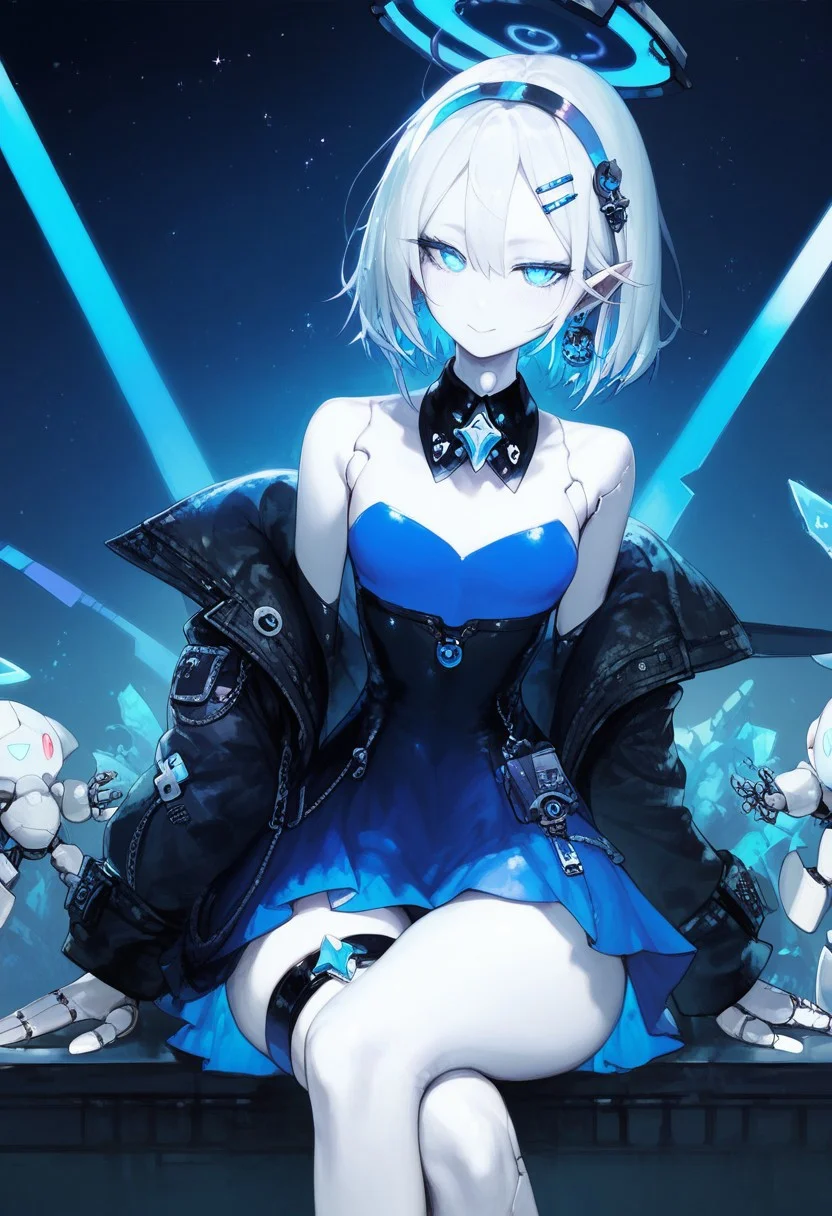 rating_explicit, masterpiece, absurdres, (high quality), detailed skin, detailed character design, ultra-high resolution, perfectly composed, clear, breathtaking attention to detail, highres, ultra detail, solo,
BREAK
(score_9, score_8_up, score_7_up), (Masterpiece), (expressive eyes), 1girl, visor,
single earring, detached collar, off shoulder, bare shoulders, coat, long sleeves, puff sleeves, dress, blue dress, thigh strap, sitting, crossed legs, leaning forward, starry sky,
Automaton, colored skin, (white_skin:2.0), (joints:), white hair, blue eyes, glowing blue eyes, <lora:MGE_V5.1:0.5>
BREAK
score_9, score_8_up, score_7_up, score_6_up, score_5_up, <lora:frengXLP:1> freng, 1girl,
