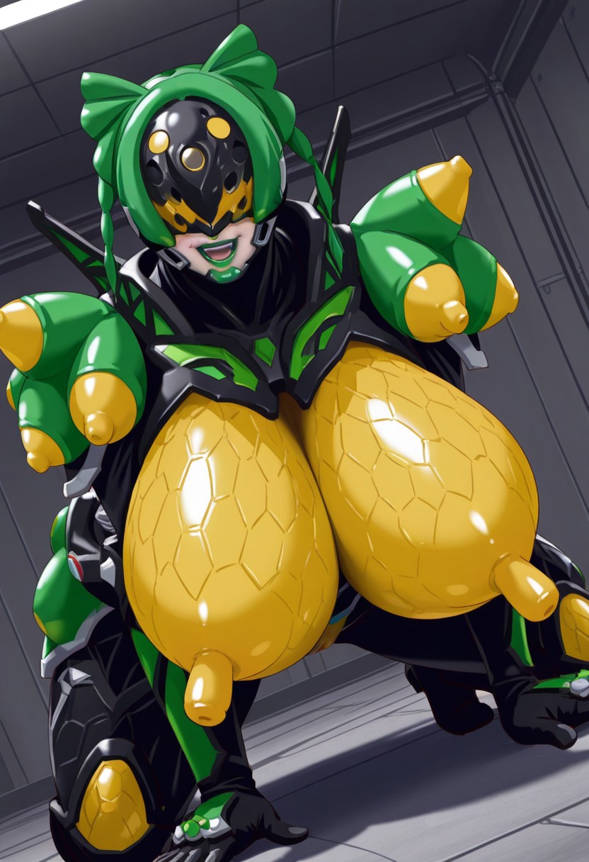realistic,tokusatsu,on fours,crawling,straight on,dutch angle,1girl,solo,no human,Naria,green hair,covered eyes,green lipstick,makeup,smile,open mouth,armor,huge breasts,huge nipples,long nipples,pussy