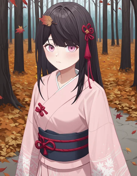 score_9,score_8_up,score_7_up,print_kimono,thinking,looking at viewer,
<lora:yanzhen_pony2:0.7>,glcyanzhen,1girl,solo,hair ornament,long hair,bangs,pink eyes,black hair,anime screencap,<lora:Anime_Screencap:1>,(autumn maple forest:1.3),(very few fallen leaves),(path),cinematic_angle,depth of field,landscape,