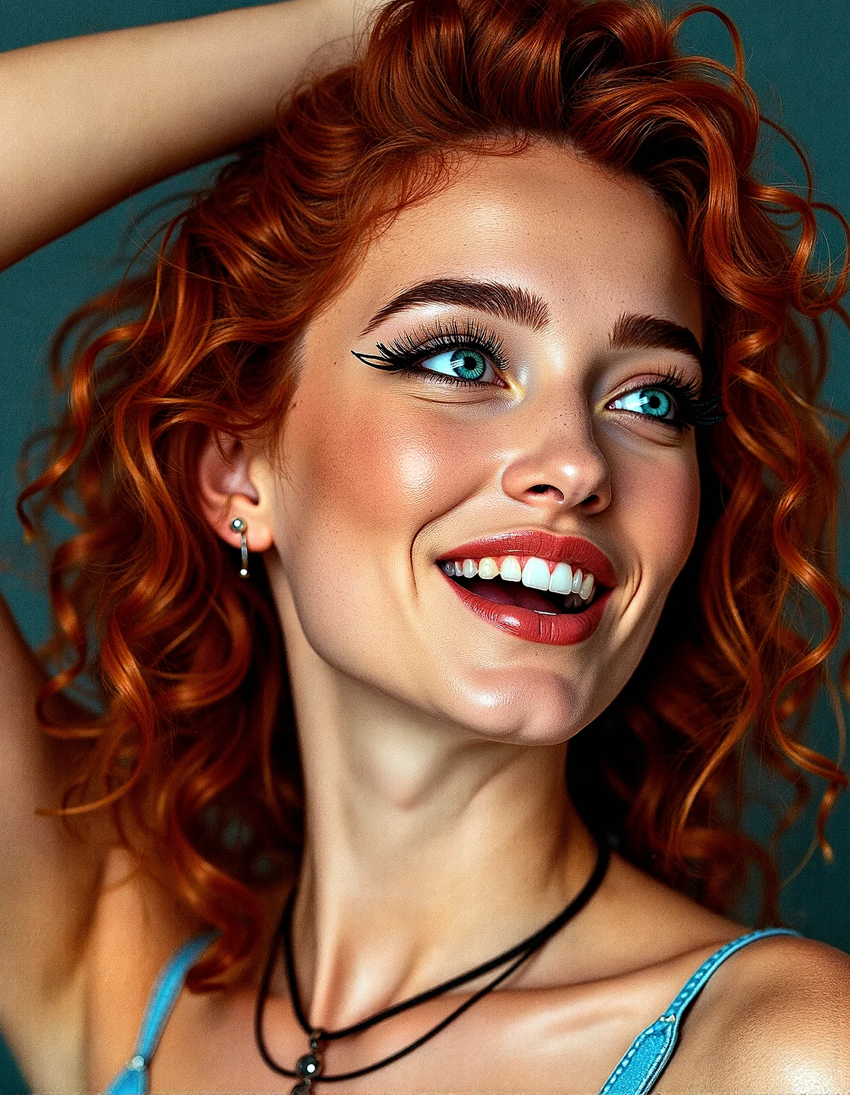 An upper body image of a beautiful young lady from russian with curly orange hair, aqua eyes, and bold eyeliner. She has thick eyebrows and long eyelashes, and her lips are shiny and full. She wears a necklace jewelry, and a helix piercing. The extreme realism focuses on her detailed skin, showing fine textures and natural highlights.
The background is A complex web of intersecting lines in different colors and thicknesses.Dots arranged in a grid or random patterns, with varying sizes and densities.
Subtle skin pores and natural texture on the face and neck, Realistic light reflections on the surface of the eyes, Slightly raised veins visible under the skin on the neck, Subtle veins visible on the eyelids under certain lighting, Realistic reflection of light on the glossy lips, following their curvature, Soft reflections on the necklace, enhancing its metallic look
one arm raised, shading her eyes as she looks into the distance with a serene smile, her mouth are wide open revealing her teeth and tongue, side profile