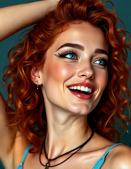 An upper body image of a beautiful young lady from russian with curly orange hair, aqua eyes, and bold eyeliner. She has thick eyebrows and long eyelashes, and her lips are shiny and full. She wears a necklace jewelry, and a helix piercing. The extreme realism focuses on her detailed skin, showing fine textures and natural highlights.
The background is A complex web of intersecting lines in different colors and thicknesses.Dots arranged in a grid or random patterns, with varying sizes and densities.
Subtle skin pores and natural texture on the face and neck, Realistic light reflections on the surface of the eyes, Slightly raised veins visible under the skin on the neck, Subtle veins visible on the eyelids under certain lighting, Realistic reflection of light on the glossy lips, following their curvature, Soft reflections on the necklace, enhancing its metallic look
one arm raised, shading her eyes as she looks into the distance with a serene smile, her mouth are wide open revealing her teeth and tongue, side profile