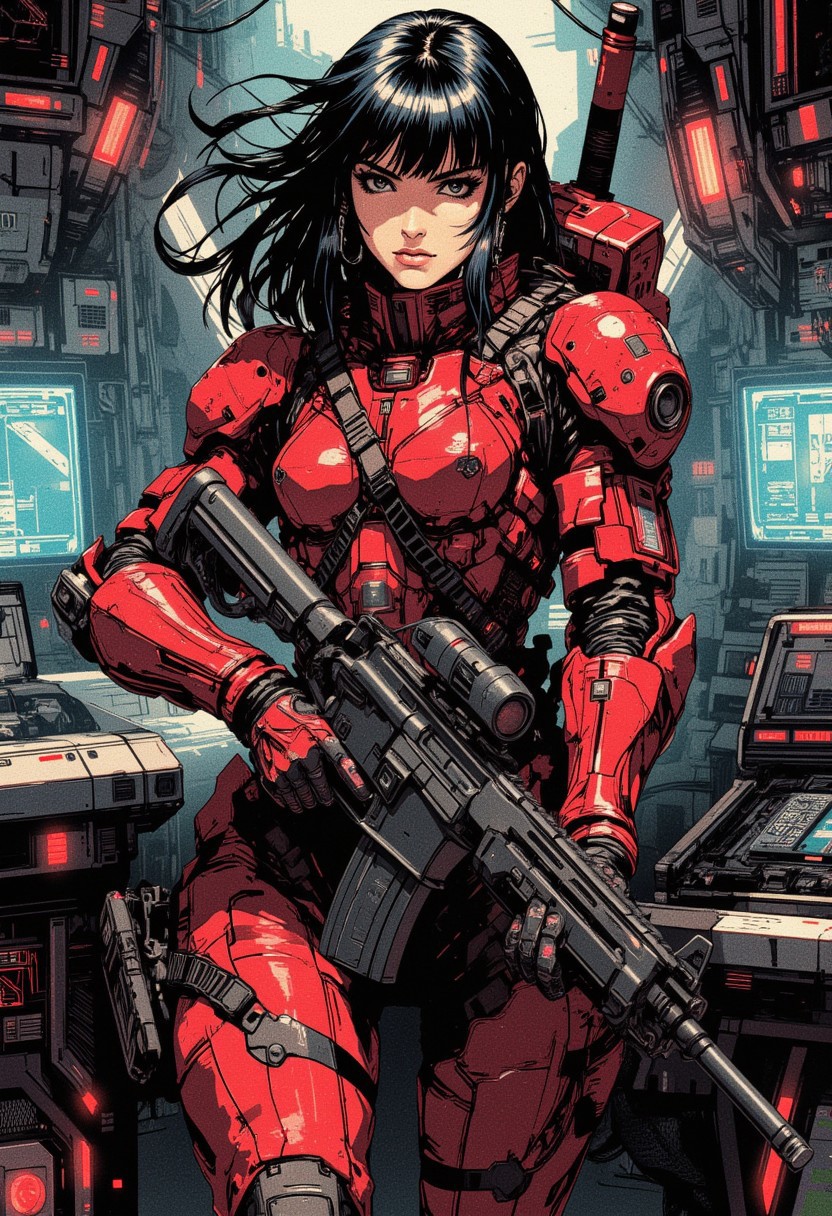 A digital painting in the style of ck-js, nistyle, a female space pirate. chanel straight-cut bob, bangs, sidelocks, battered red power armour,  standing in the command room of a battered spaceship, holding a sci-fi assault rifle in both hands.