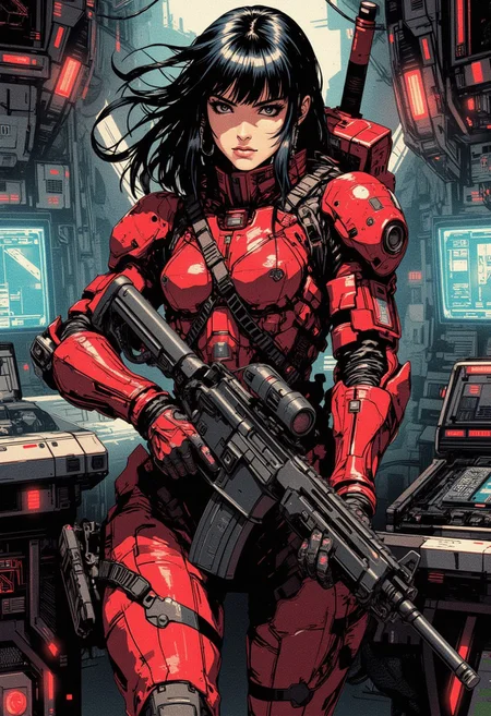 A digital painting in the style of ck-js, nistyle, a female space pirate. chanel straight-cut bob, bangs, sidelocks, battered red power armour, standing in the command room of a battered spaceship, holding a sci-fi assault rifle in both hands.