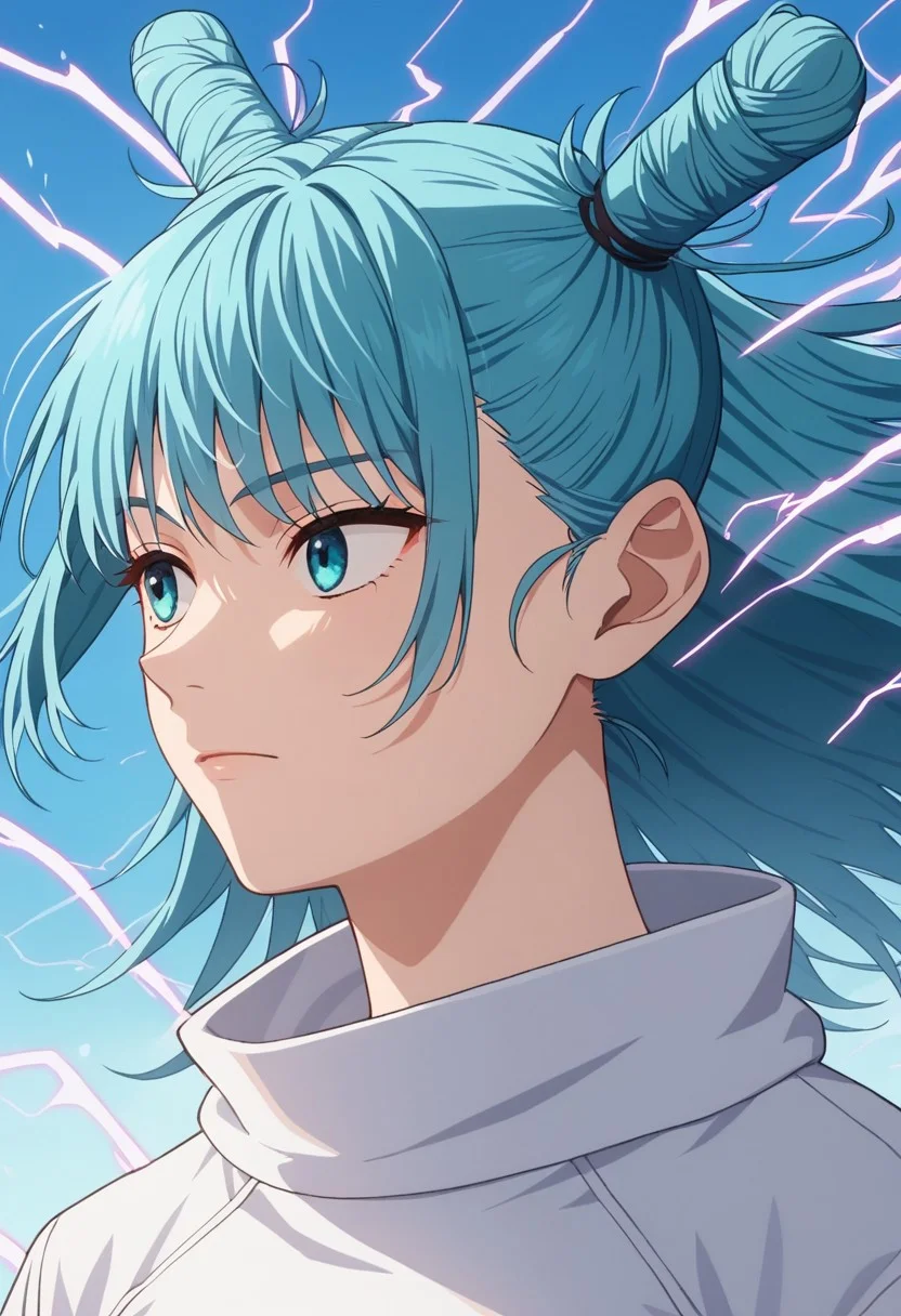 score_9, score_8_up, score_7_up, source_anime, rating_safe, intricate details, ((anime screencap)), official style1girl, blue hair, bangs, double bun, facial mark, blue eyes, white shirt, bandaged arm, long sleeves,close-up,focus face,side view,cowboy shot,blue sky,hair shaken by the wind,beautifull scene,beautifull girl,standing,strong wind,sun light, electricity, aura