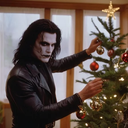 cinematic film still of <lora:graphic novel style:1.2>
1980's Eric Draven choppy hair a painting of a man decorating a Christmas tree In graphic novel style, shallow depth of field, vignette, highly detailed, high budget, bokeh, cinemascope, moody, epic, gorgeous, film grain, grainy