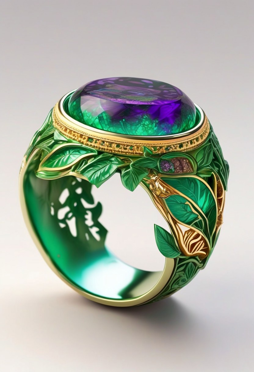 End_JewelryMorph, a ring with an intricate depiction of the earth inside an inset green and purple stone with gold accents surrounded by green leaves