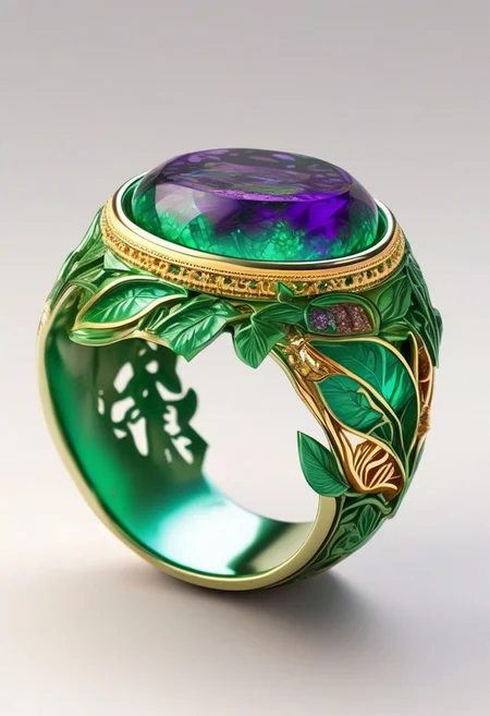 End_JewelryMorph, a ring with an intricate depiction of the earth inside an inset green and purple stone with gold accents surrounded by green leaves