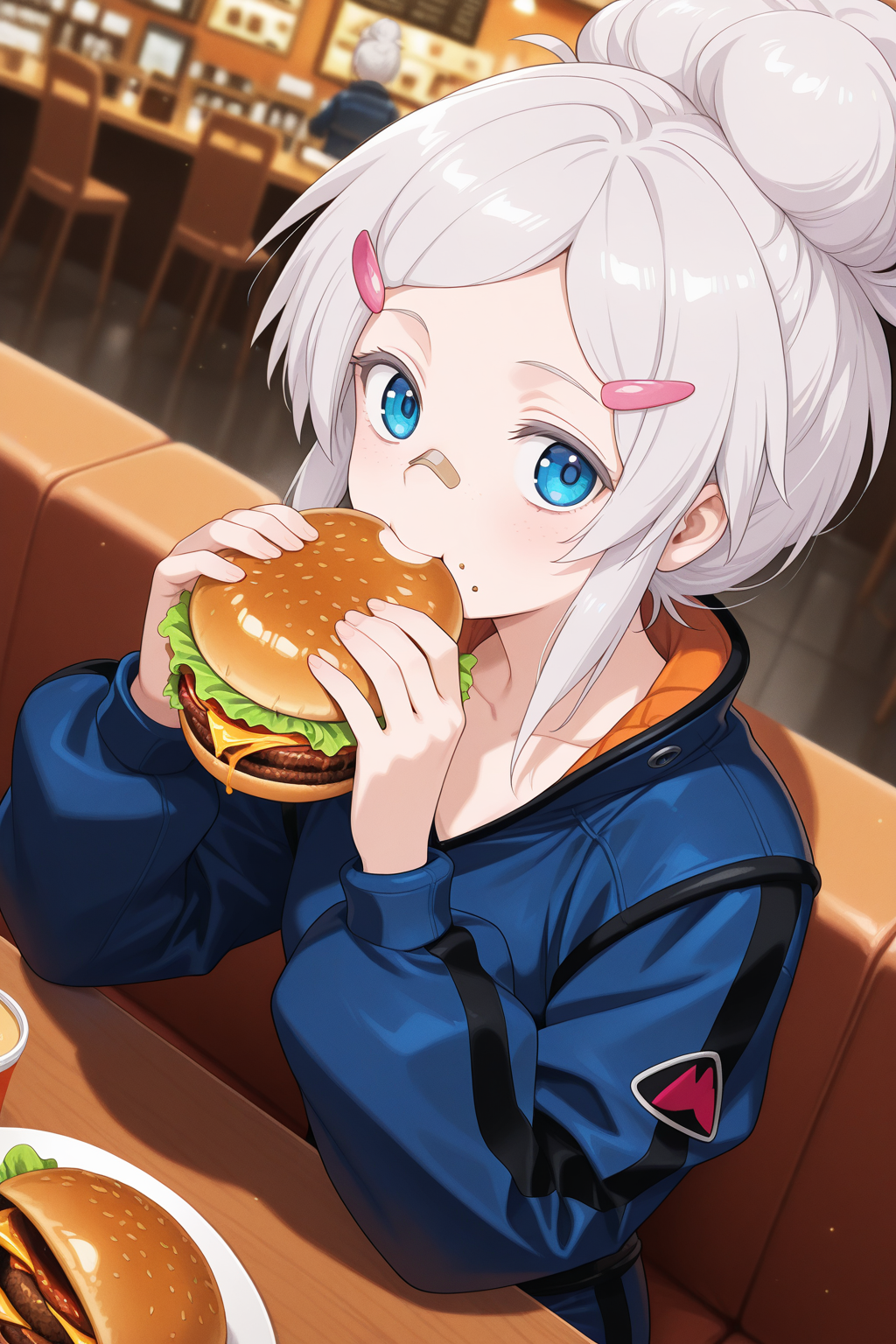 1girl,
DeuxMurasameGundamGQ, DMPilotSuit,
general, solo, perspective, dutch angle, upper body,
grey hair, blue eyes, colored eyelashes, collarbone,
hairclip, bandaid on nose, 
blue bodysuit, two-tone bodysuit,
sitting, looking at viewer, eating, burger, 
cafe,
depth of field,
<lora:kp_DeuxMurasameGundamGQIllustrious_v1_1:1.0>,
masterpiece, best quality, amazing quality