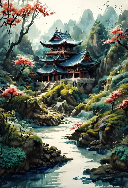 An asian House and Sakura garden made of blue and white porcelain, asian landscape in the background, SimpleNegativeV3,zavy-chnsdrgn, masterpiece, award winning, very detailed, porcellana style