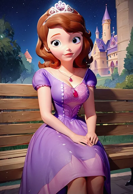 score_up_8, score_up_9, 1girl, violet dress, sofia_the_first, tiara necklace, brown hair, medium breasts,, background near castle, poring rain, night sky, at park, sitting on bench, looking at viewer, huge cleavage