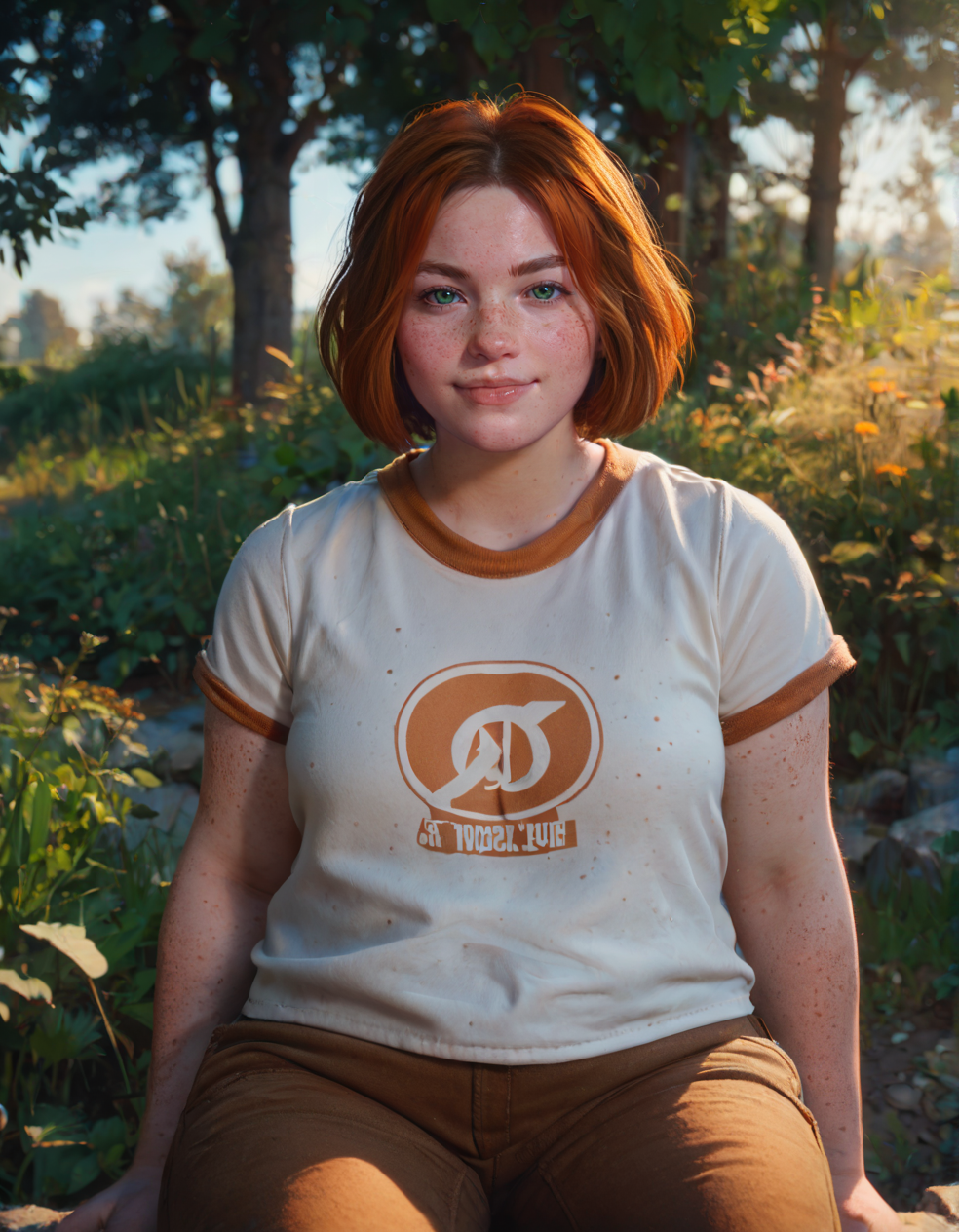 score_9, score_8_up, score_7_up, <lora:swann_v1-000015:0.7>, swann, 1girl, orange hair, short hair, green eyes, freckles, body freckles, plump, t-shirt, brown pants, standing, facing viewer, looking at viewer, outdoors, sitting, depth of field, cinematic lighting, <lora:StS_PonyXL_Detail_Slider_v1.4_iteration_3:3>