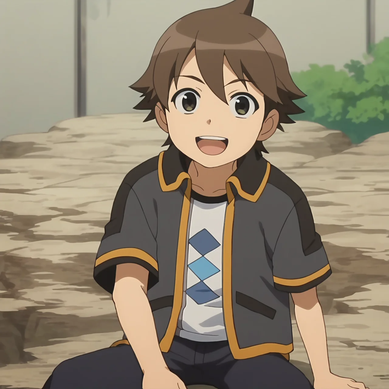 score_9,score_8_up,score_7_up,source_anime,anime screencap,anime coloring,1boy,solo,solo focus,male focus,male child,early teen,<lora:PonyCharacter-GunnjiSoutaPeson:1>,GunnjiSoutaPeson, open mouth, smile, sitting, looking at viewer,