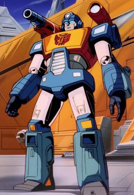 concept art score_9, score_8_up, score_7_up, animation, transformers, 1boy, robot, Autobot, Tall, bulky, glowing eyes, Blue eyes, large eyes, circular eyes, dark Blue armor, artillery cannons, fusion cannons, transforms into Stealth Cybertronian anti_gravity artillery tank, full body, cowboy shot, smiling, holding rifle, Autobot Symbol (Red), full body, <lora:Transformers 86 FT:1> . digital artwork, illustrative, painterly, matte painting, highly detailed