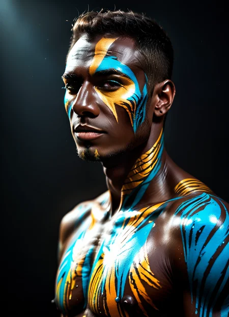 man, bodypaint, dark background,
<lora:GlitterStyle_pony:0.8>