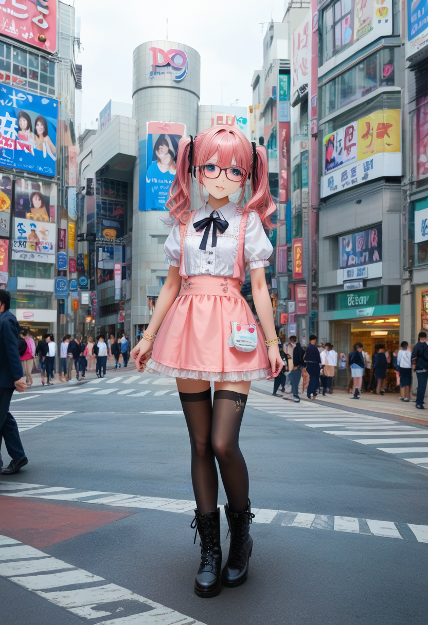 score_9, score_8_up, score_7_up, rating_safe, masterpiece, best quality, absurdres, unity 8k wallpaper, official art, official style, source_anime, uncensored, game cg, megami magazine,
1girl, glasses, pink hair, twintails, blouse, black ribbon, cross-laced clothes, frilled skirt, black legwear, lace-up boots, looking at another, standing, solo focus,
shibuya109, storefront, city, real world location, street, building, road, crosswalk, scenery, outdoors, sign, 6+boys, photo background, traffic light, cityscape, people, multiple girls, skyscraper
 <lora:shibuya109_pony_V1:1>