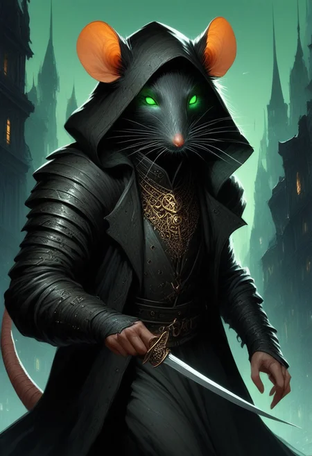 BREAK score_9, score_8_up, score_7_up, victorian city, night, ominous, solo, rat man, black longcoat, wearing goggles, green glow eyes, hood, knife, dynamic pose, leaning forward, fully body shot , leather armour, sneaking
(masterpiece, best quality, ultra detailed, intricate details:1.2), (detailed face:1.1), (rat folk:1.5) <lora:RPGRatFolkXL:1>