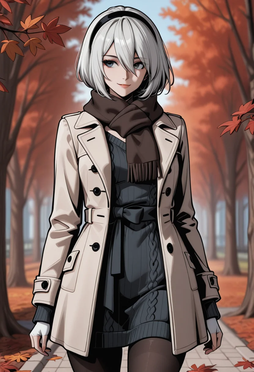 , 2b_\(nier:automata\), knit dress, thick tights, warm clothing, winter outfit, 1girl, half body, standing on park path, autumn leaves, fallen leaves, trees, scarf, coat, gentle smile, natural lighting, outdoor background
, high_contrast, vibrant, very awa, masterpiece,best quality,newest, absurdres, detailed background, detailed hair, depth of field, detailed skin,very aesthetic, ultra-detailed, OverallDetailXL, aged up, BREAK,