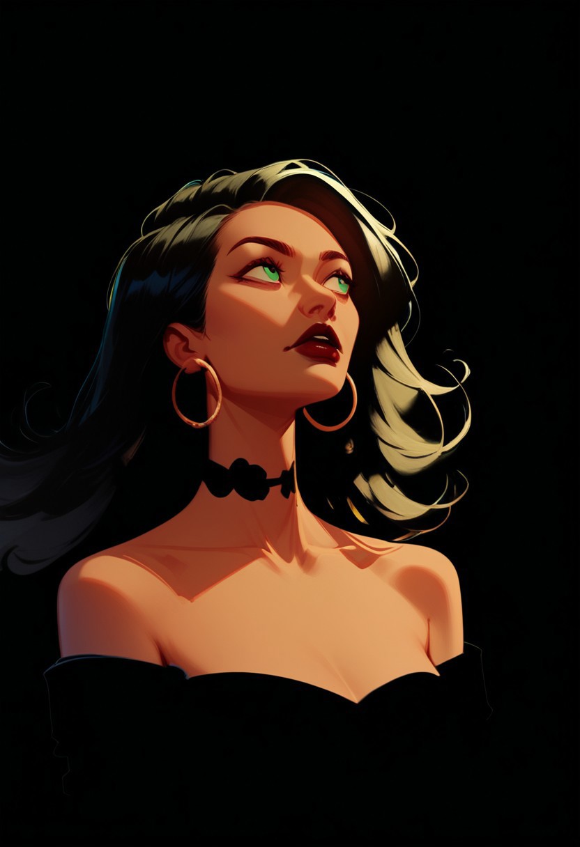 Blend_in, black background, score_9, score_8_up, score_7_up, masterpiece, best quality, absurdres, vibrant, highly detailed, (full front), upper body, 1girl, solo, 38 y.o gorgeous MILF, (green eyes:0.6), long black hair, open hair, hoop earrings, black satin choker, (tanned skin:0.6), matte red lipstick, strapless dress, off-shoulder dress, black elbow gloves, bare shoulders, collarbone looking away, looking to the right side, arms at sides, pitch black background, high contrasts, (light from right side:1.2)